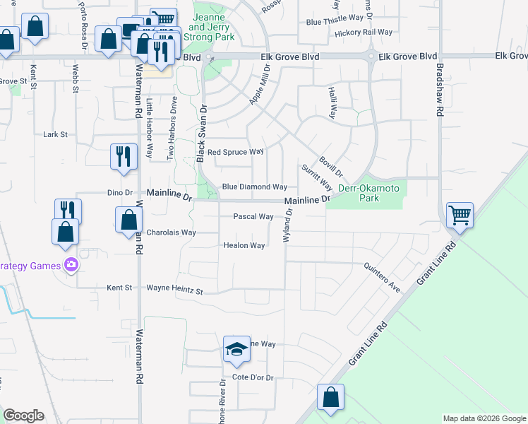 map of restaurants, bars, coffee shops, grocery stores, and more near 9341 Pascal Way in Elk Grove
