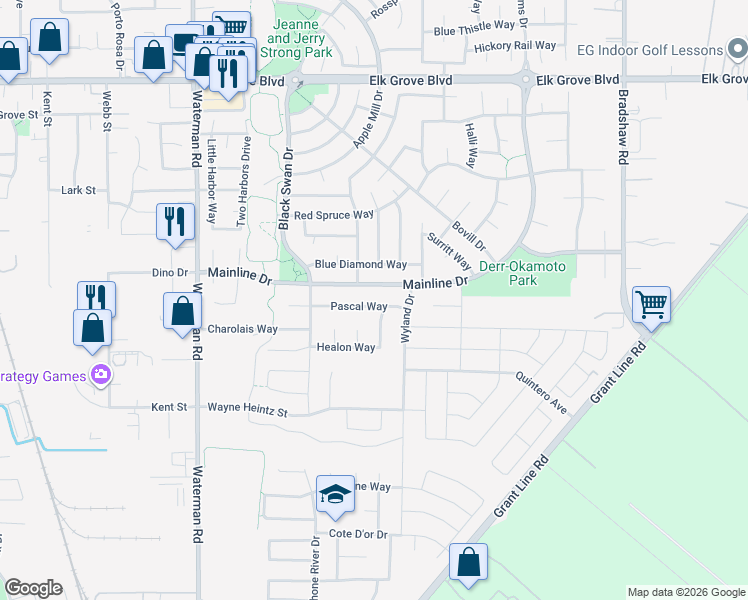 map of restaurants, bars, coffee shops, grocery stores, and more near 9341 Pascal Way in Elk Grove
