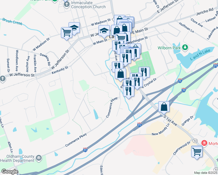 map of restaurants, bars, coffee shops, grocery stores, and more near 308 Yager Avenue in La Grange