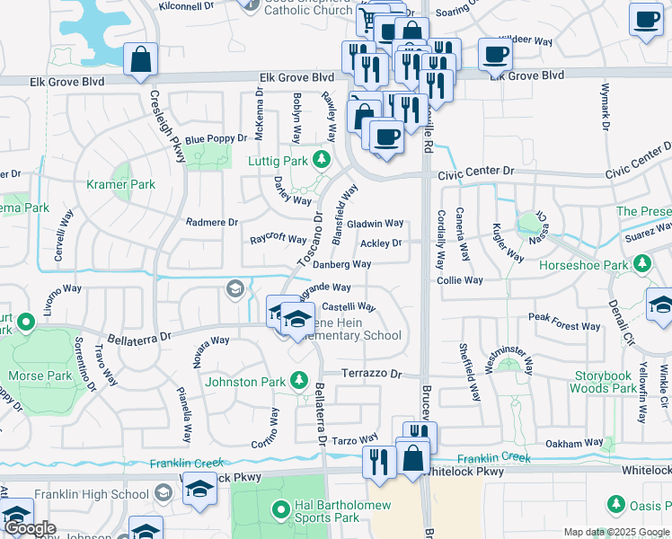 map of restaurants, bars, coffee shops, grocery stores, and more near 7004 Danberg Way in Elk Grove