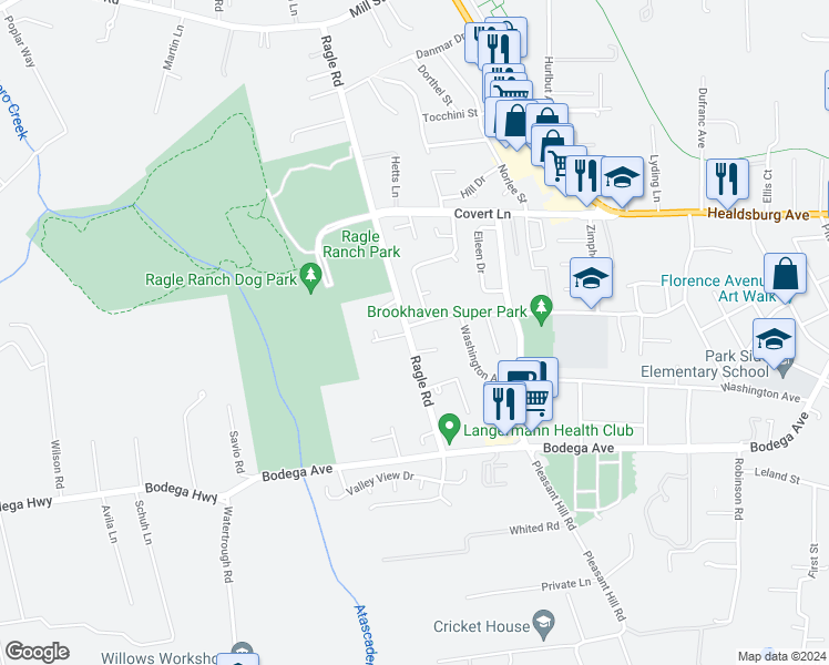 map of restaurants, bars, coffee shops, grocery stores, and more near 8153 Valentine Avenue in Sebastopol