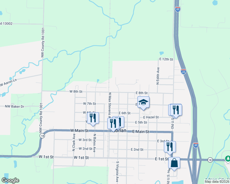 map of restaurants, bars, coffee shops, grocery stores, and more near 105 East 8th Street in Adrian