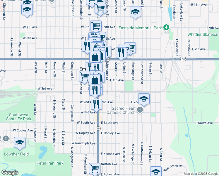 map of restaurants, bars, coffee shops, grocery stores, and more near 302 Mechanic Street in Emporia