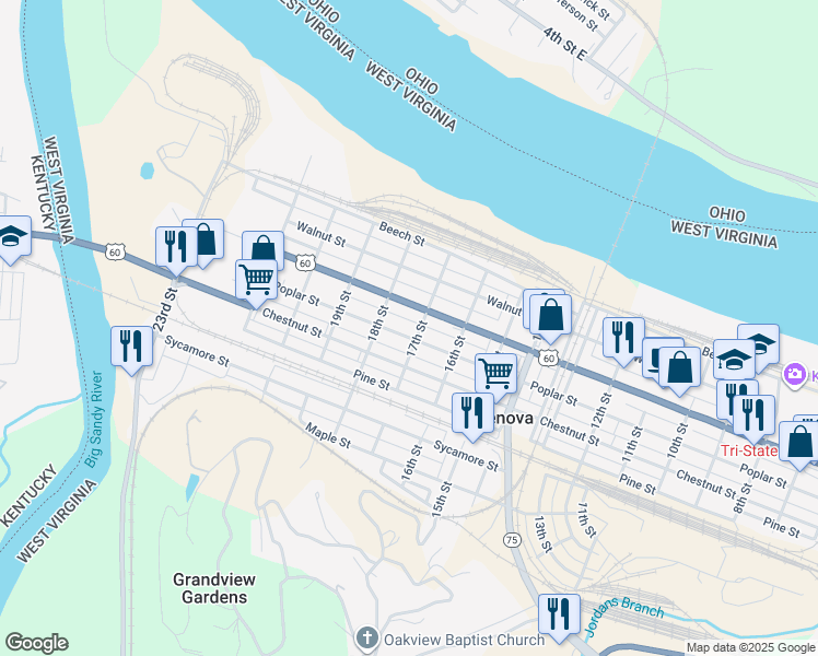 map of restaurants, bars, coffee shops, grocery stores, and more near 1714 Poplar St in Kenova