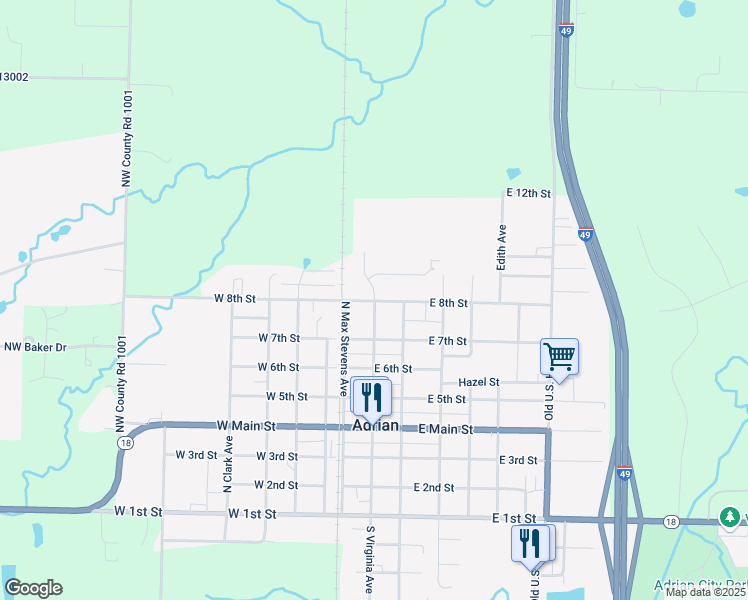 map of restaurants, bars, coffee shops, grocery stores, and more near 105 East 8th Street in Adrian