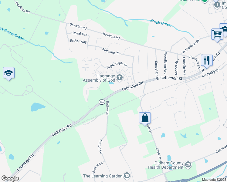 map of restaurants, bars, coffee shops, grocery stores, and more near 2201 Kentucky 146 in La Grange