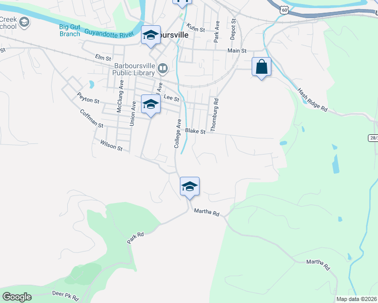 map of restaurants, bars, coffee shops, grocery stores, and more near 1440 College Avenue in Barboursville