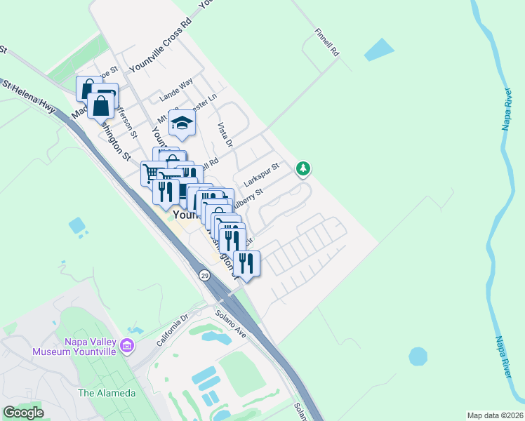 map of restaurants, bars, coffee shops, grocery stores, and more near 1943 Oak Circle in Yountville