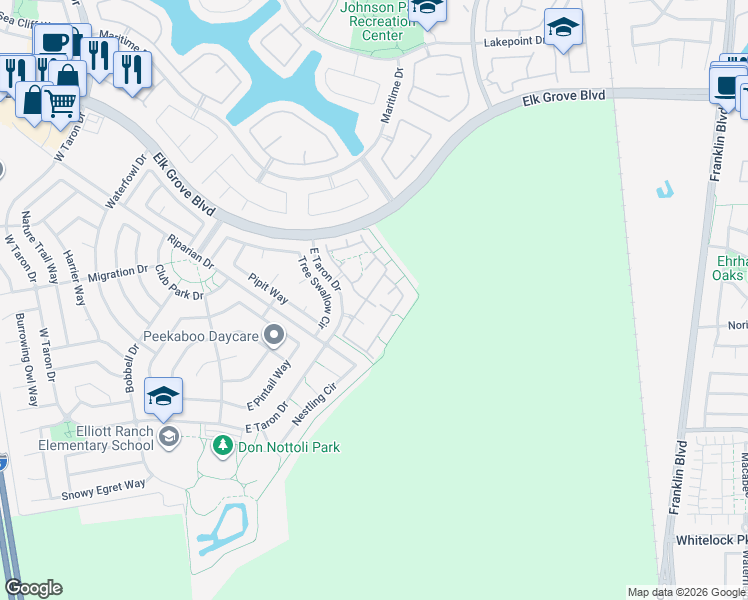 map of restaurants, bars, coffee shops, grocery stores, and more near 10270 East Taron Drive in Elk Grove