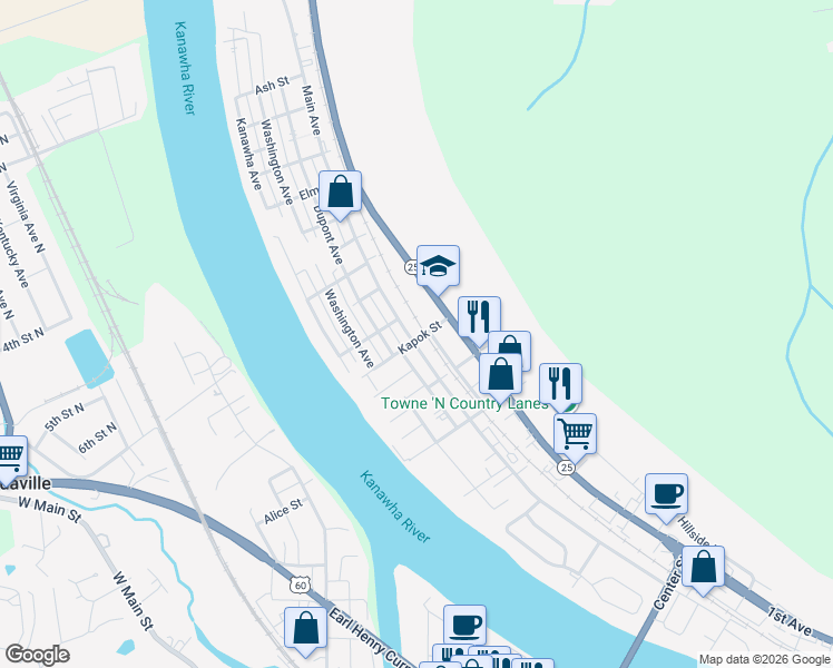 map of restaurants, bars, coffee shops, grocery stores, and more near 1102 Kapok Street in Nitro