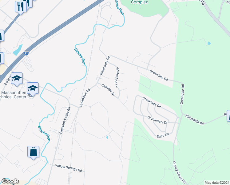 map of restaurants, bars, coffee shops, grocery stores, and more near 984 Carriage Drive in Harrisonburg