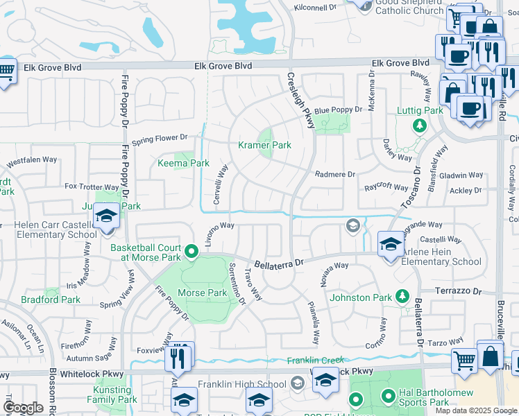 map of restaurants, bars, coffee shops, grocery stores, and more near 9575 Jaguar Court in Elk Grove