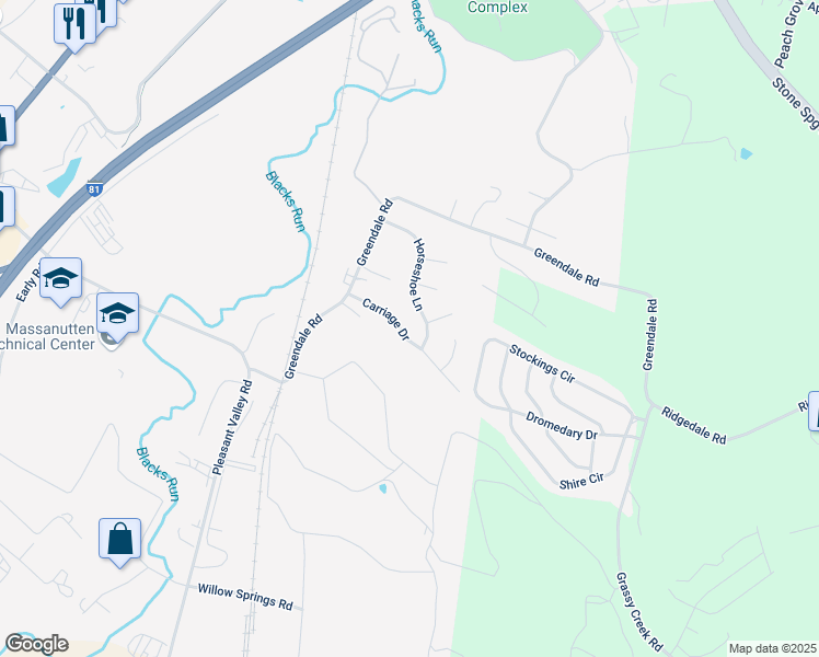 map of restaurants, bars, coffee shops, grocery stores, and more near 984 Carriage Drive in Harrisonburg