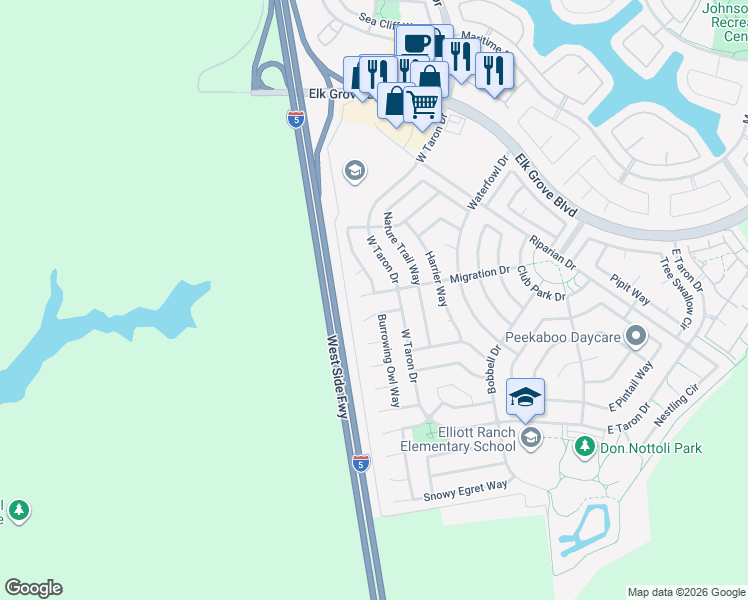 map of restaurants, bars, coffee shops, grocery stores, and more near 2329 Avocet Court in Elk Grove