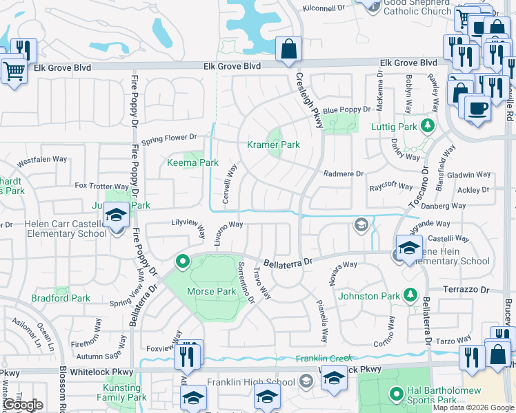 map of restaurants, bars, coffee shops, grocery stores, and more near 6000 Snow Leopard Circle in Elk Grove