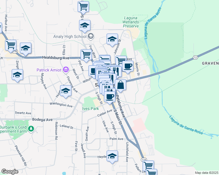 map of restaurants, bars, coffee shops, grocery stores, and more near 220 Petaluma Avenue in Sebastopol