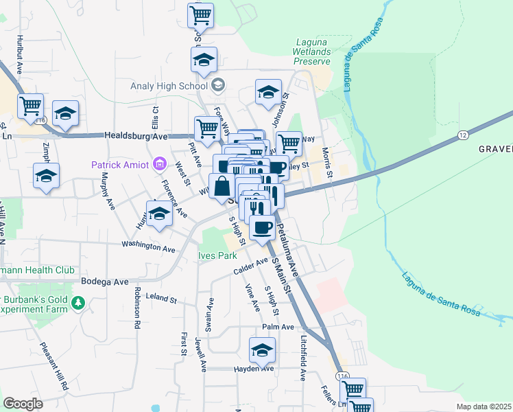 map of restaurants, bars, coffee shops, grocery stores, and more near in Sebastopol
