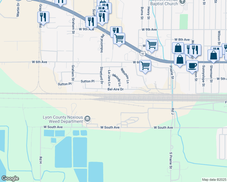 map of restaurants, bars, coffee shops, grocery stores, and more near 2721 Bel-Aire Drive in Emporia