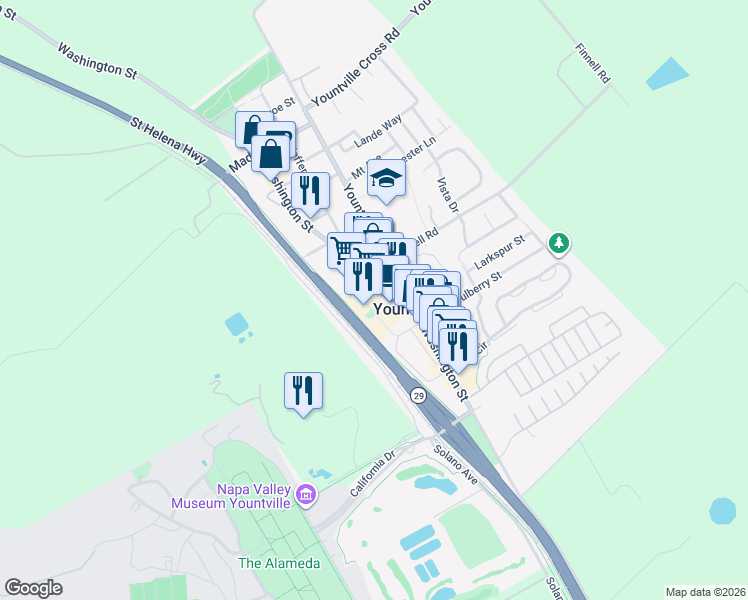 map of restaurants, bars, coffee shops, grocery stores, and more near 6525 Washington Street in Yountville