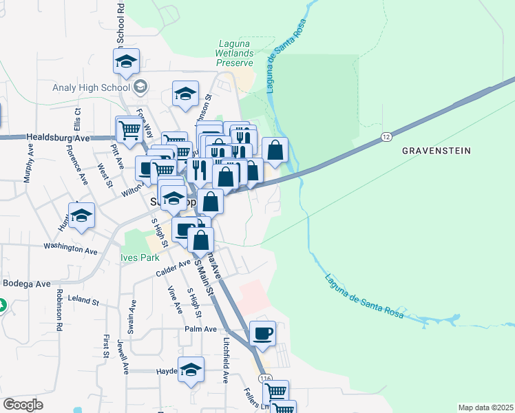 map of restaurants, bars, coffee shops, grocery stores, and more near 6685 Sebastopol Avenue in Sebastopol