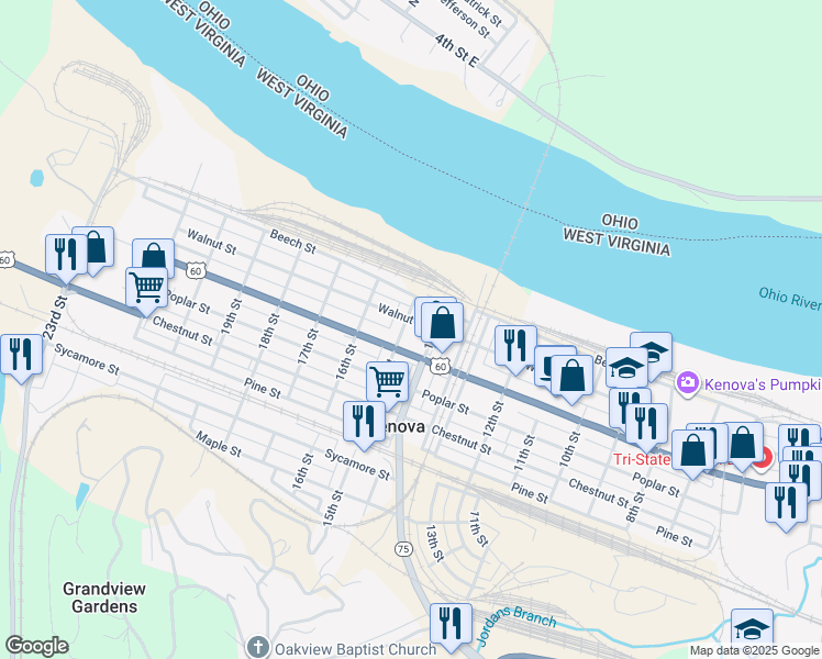 map of restaurants, bars, coffee shops, grocery stores, and more near 1413 Oak Street in Kenova