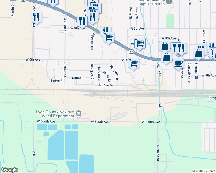 map of restaurants, bars, coffee shops, grocery stores, and more near 2721 Bel-Aire Drive in Emporia