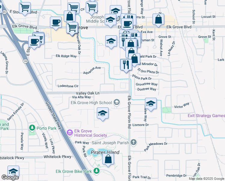 map of restaurants, bars, coffee shops, grocery stores, and more near 8825 Valley Oak Lane in Elk Grove