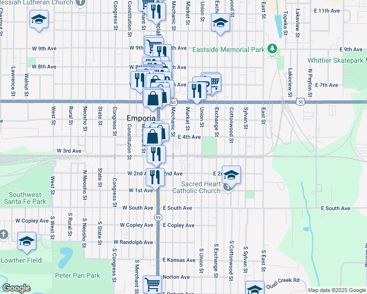 map of restaurants, bars, coffee shops, grocery stores, and more near 302 Mechanic Street in Emporia