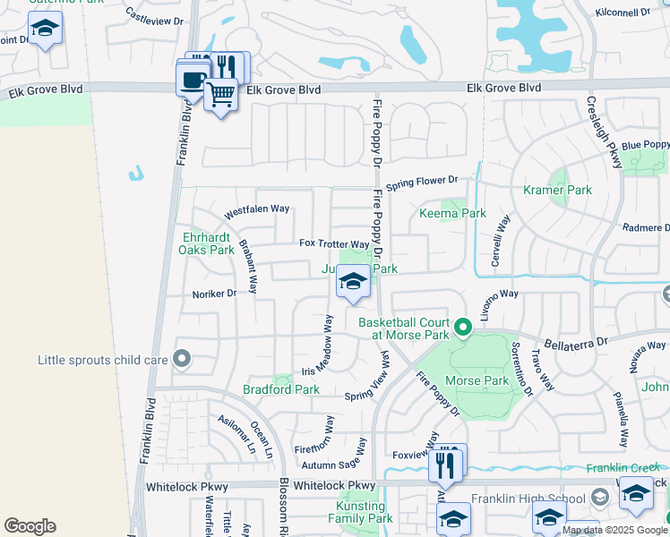 map of restaurants, bars, coffee shops, grocery stores, and more near 9675 Iris Meadow Way in Elk Grove