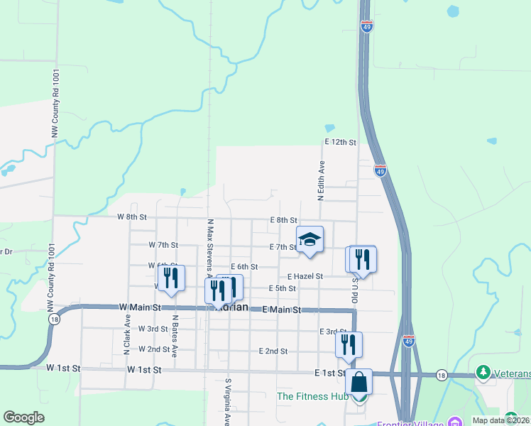 map of restaurants, bars, coffee shops, grocery stores, and more near 213 East 8th Street in Adrian