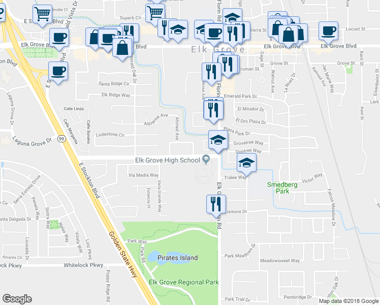 map of restaurants, bars, coffee shops, grocery stores, and more near 8880 Minnie Circle in Elk Grove