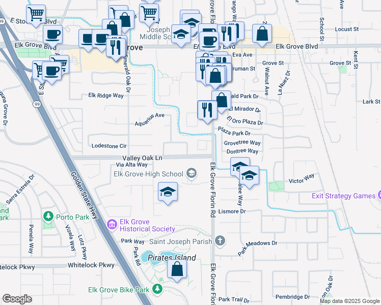 map of restaurants, bars, coffee shops, grocery stores, and more near 8825 Valley Oak Lane in Elk Grove