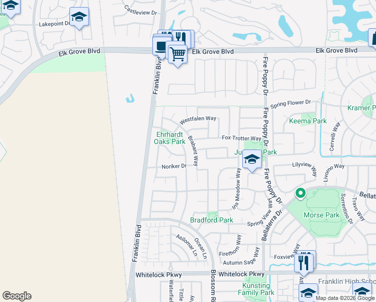 map of restaurants, bars, coffee shops, grocery stores, and more near 4921 Percheron Drive in Elk Grove