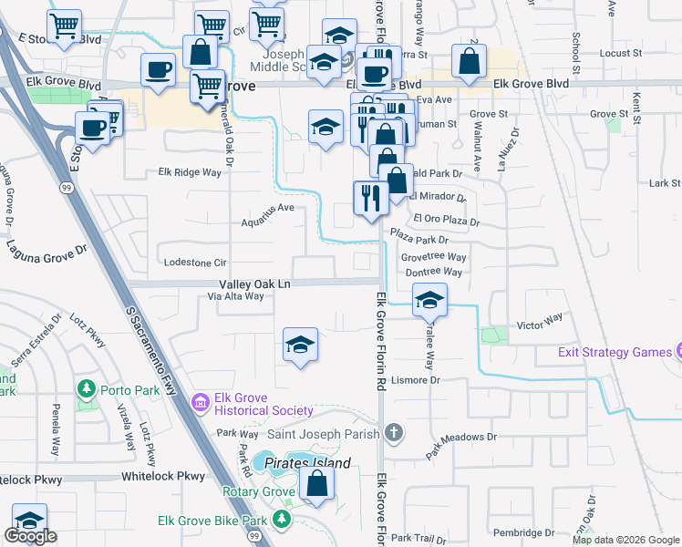 map of restaurants, bars, coffee shops, grocery stores, and more near 8825 Valley Oak Lane in Elk Grove