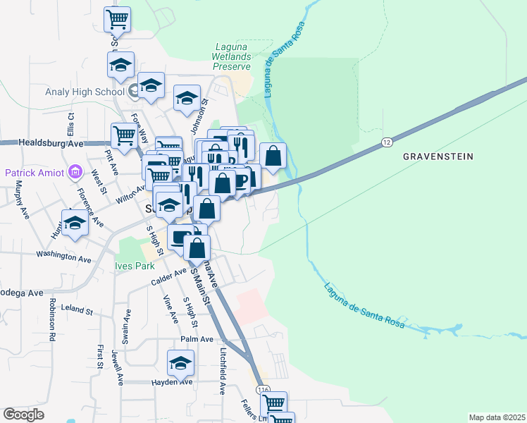 map of restaurants, bars, coffee shops, grocery stores, and more near 6685 Sebastopol Ave in Sebastopol