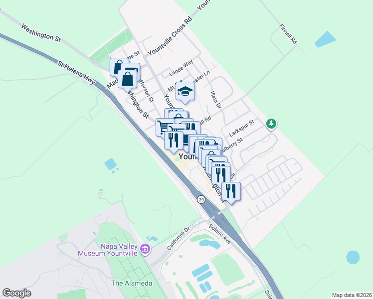 map of restaurants, bars, coffee shops, grocery stores, and more near 6525 Washington Street in Yountville