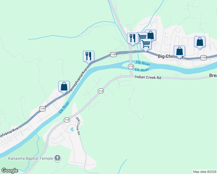 map of restaurants, bars, coffee shops, grocery stores, and more near 66 Indian Creek Road in Elkview