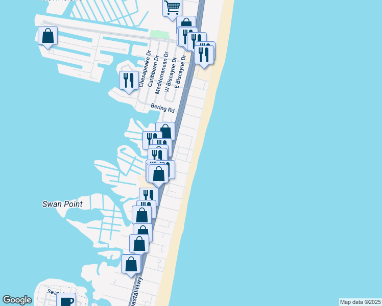 map of restaurants, bars, coffee shops, grocery stores, and more near 8307 Atlantic Avenue in Ocean City
