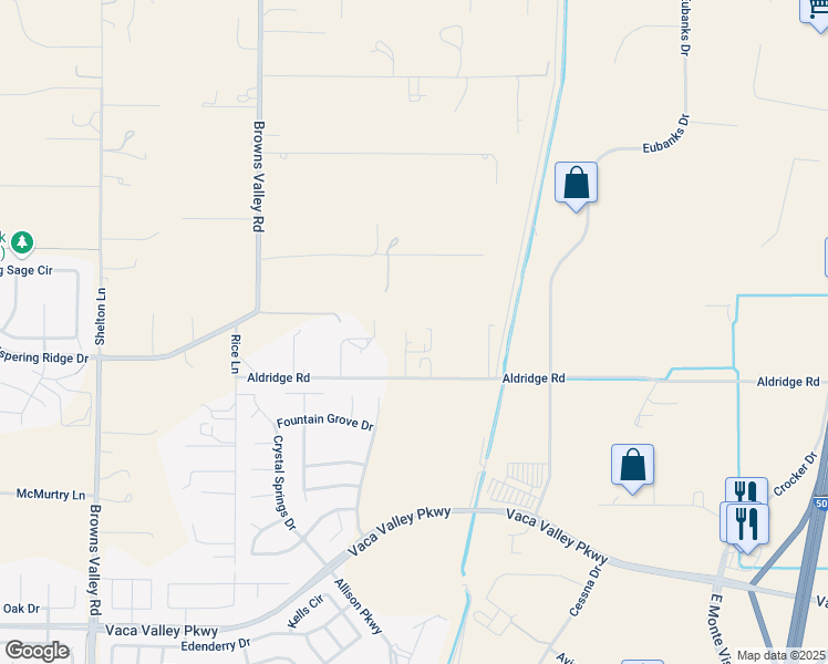 map of restaurants, bars, coffee shops, grocery stores, and more near 3300 Aldridge Road in Vacaville