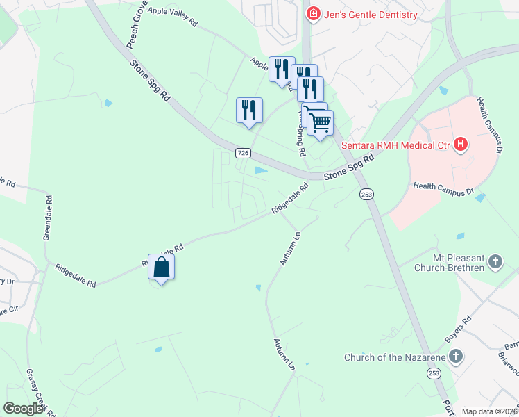 map of restaurants, bars, coffee shops, grocery stores, and more near 2568 Ridgedale Road in Harrisonburg