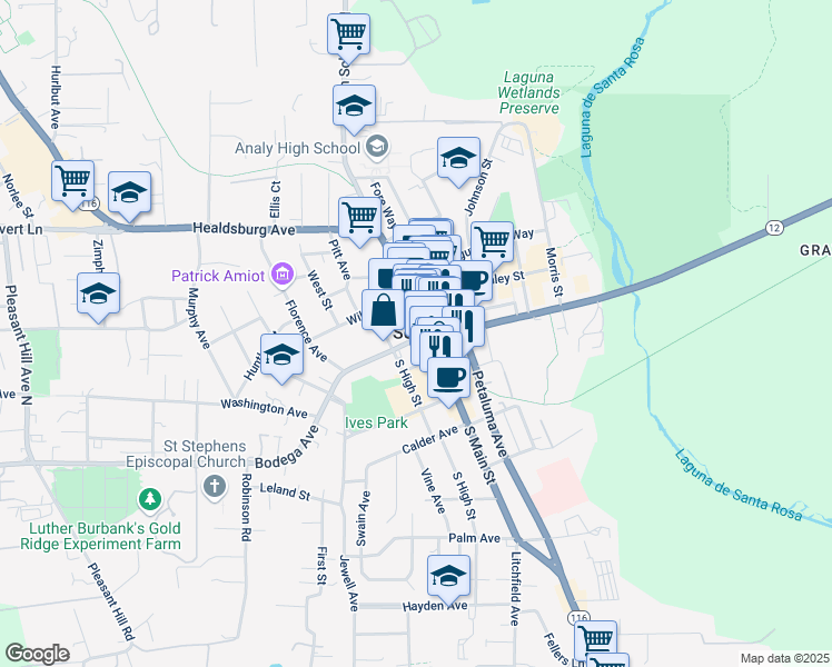 map of restaurants, bars, coffee shops, grocery stores, and more near in Sebastopol