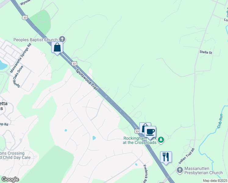 map of restaurants, bars, coffee shops, grocery stores, and more near 4111 Spotswood Trail in Penn Laird