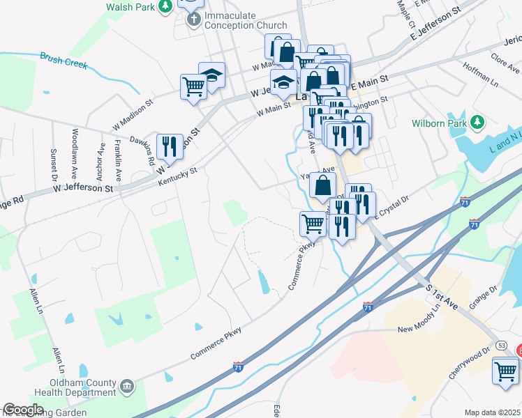 map of restaurants, bars, coffee shops, grocery stores, and more near 230 Yager Avenue in La Grange