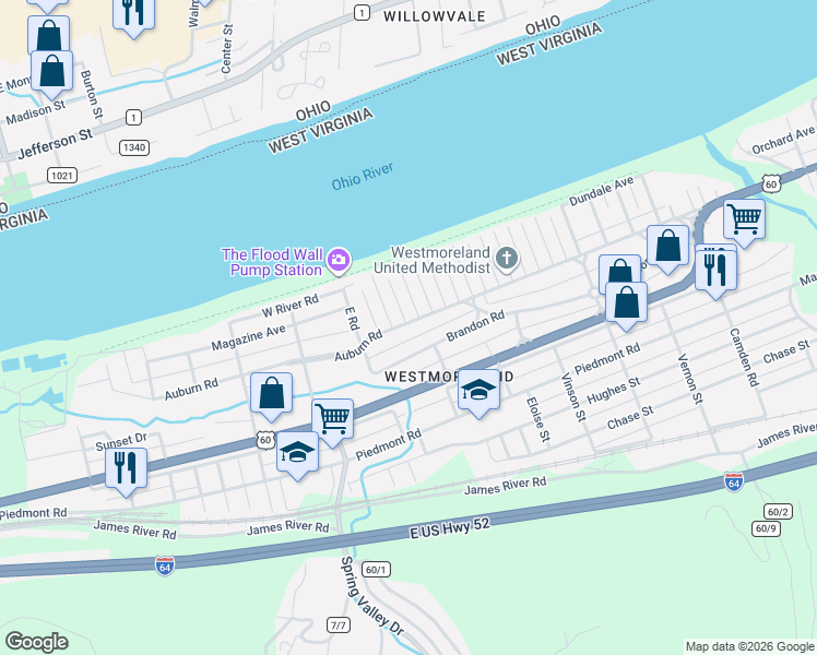 map of restaurants, bars, coffee shops, grocery stores, and more near 4014 Brandon Rd in Huntington
