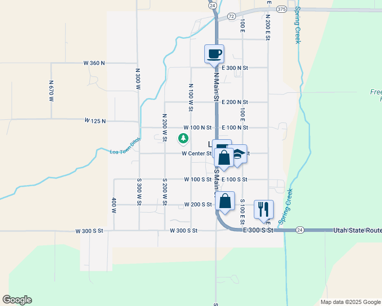 map of restaurants, bars, coffee shops, grocery stores, and more near 100 West Center Street in Loa
