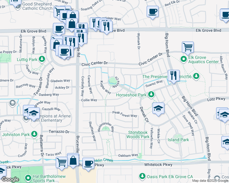 map of restaurants, bars, coffee shops, grocery stores, and more near 9828 Shanelyn Way in Elk Grove