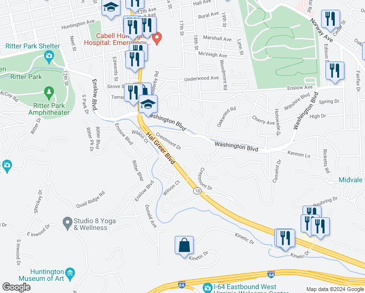map of restaurants, bars, coffee shops, grocery stores, and more near 1644 Crestmont Drive in Huntington