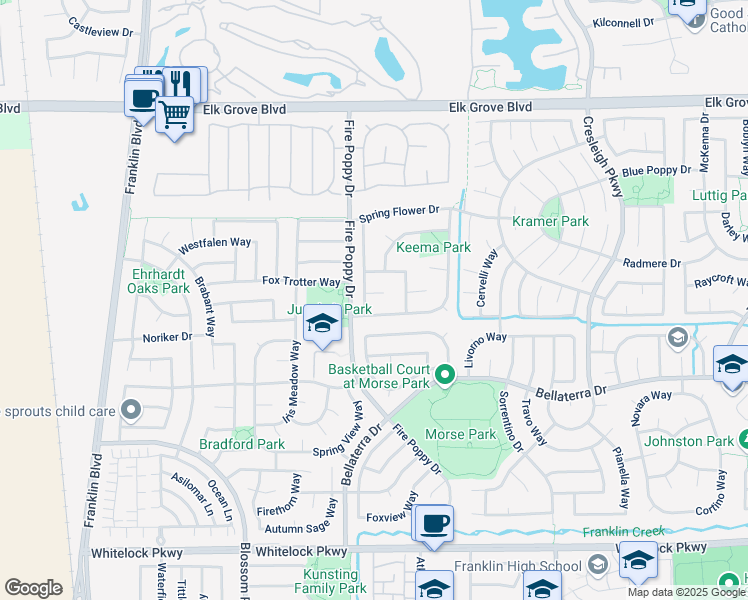 map of restaurants, bars, coffee shops, grocery stores, and more near 9857 Summer Glen Way in Elk Grove