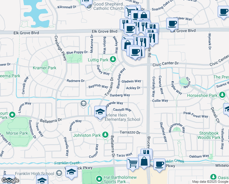 map of restaurants, bars, coffee shops, grocery stores, and more near 7004 Danberg Way in Elk Grove