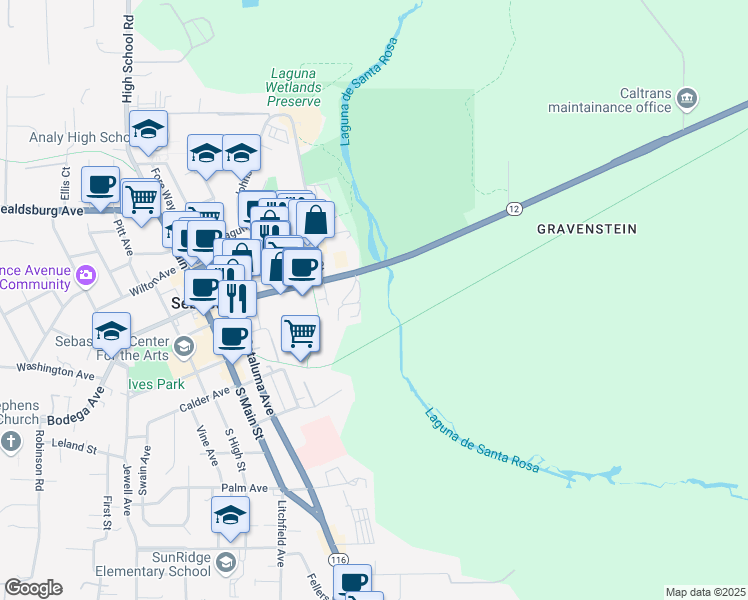 map of restaurants, bars, coffee shops, grocery stores, and more near 6665 Sebastopol Avenue in Sebastopol